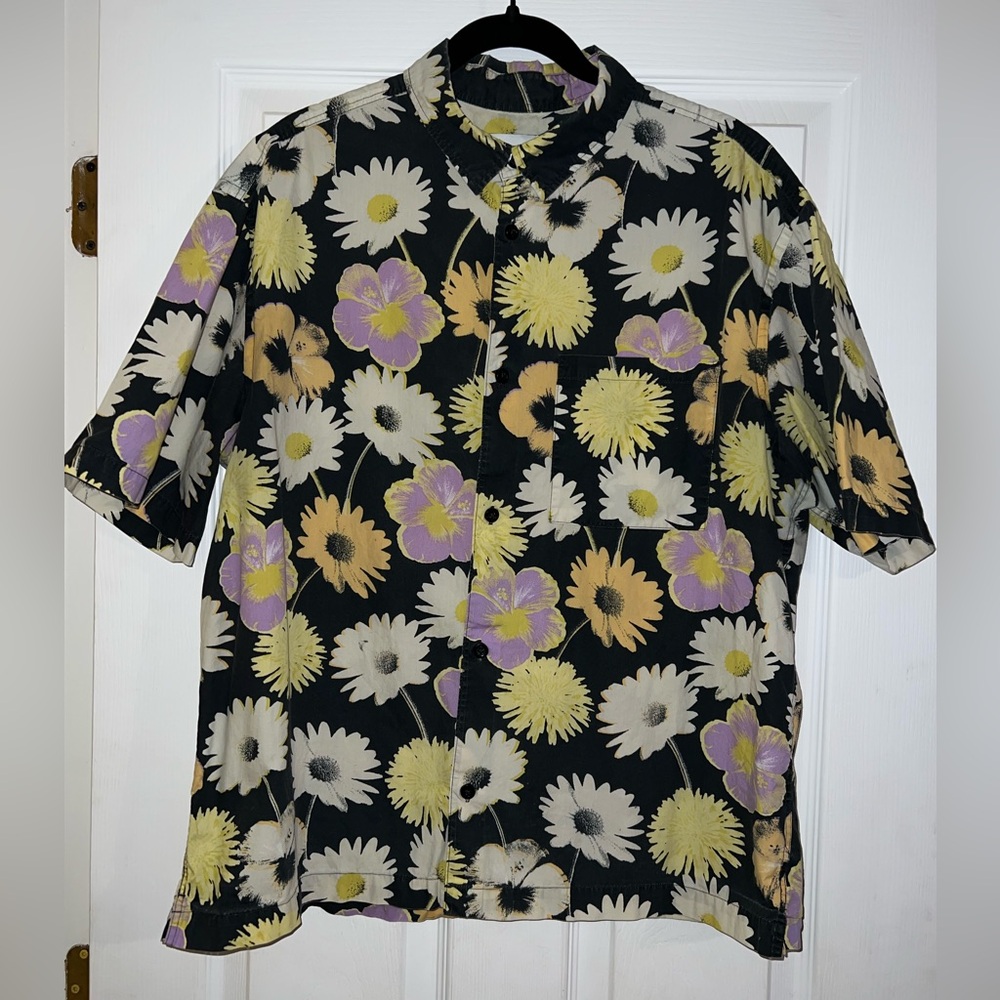 H&M Black Floral Shirt with Yellow and Purple Accents